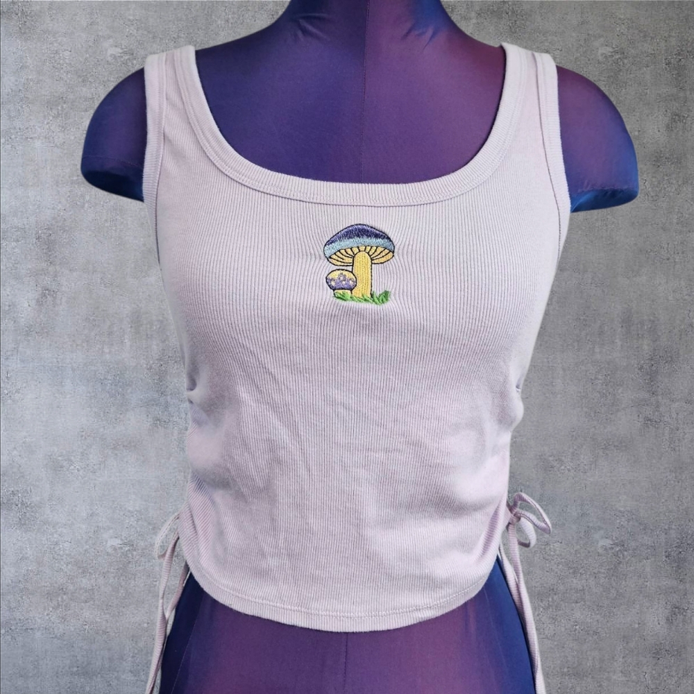 Light Pink Ribbed Tank Top with Mushroom Embroidery
